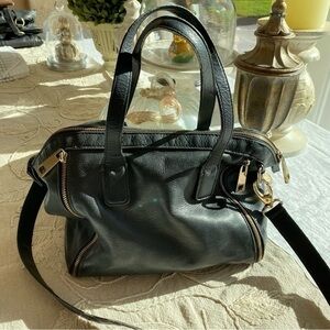 AUDREY BROOKE Black Leather Handbag With Detachable Shoulder Strap 15x9x5”